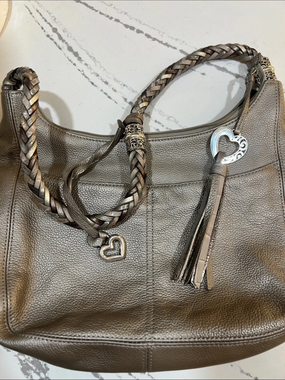 Brighton Metallic Taupe Pewter Leather Shoulder Bag with Braided Strap